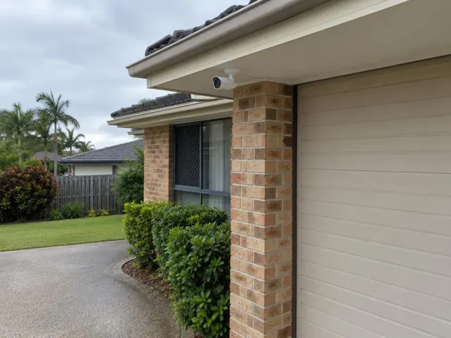 Exterior brick house with a CCTV camera mounted under the eave above a window in Robina