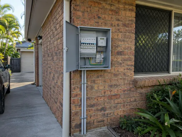 Exterior switchboard mounted on a brick house wall beside a window and driveway in Burleigh Waters